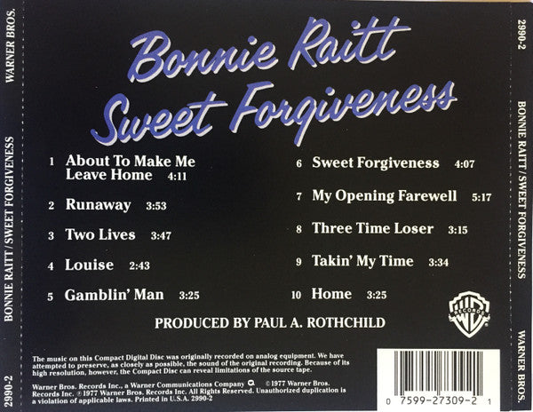 Bonnie Raitt : Sweet Forgiveness (CD, Album, RE, RM, Spe)