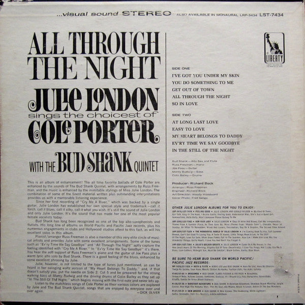 Julie London With The Bud Shank Quintet : All Through The Night (LP, Album, Roc)