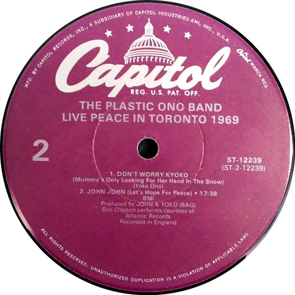 The Plastic Ono Band : Live Peace In Toronto 1969 (LP, Album, RE, Jac)