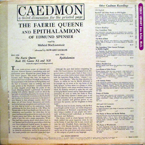 Edmund Spenser : The Faerie Queene And Other Poetry Of Edmund Spenser (LP, Album)