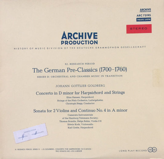 Goldberg, Johann Gottlieb - Hansen, Eliza, Streicher Des Pfalzorchesters Ludwigshafen, Christoph Stepp, Camerata Instrumentale Der Hamburger Telemann-Gesellschaft - J. G. Goldberg: Concerto For Harpsichord In D Minor / Trio Sonata No. 4 In A Minor (VG)