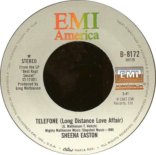 Sheena Easton : Telefone (Long Distance Love Affair) (7", Single, Jac)