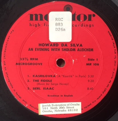 Howard Da Silva : An Evening With Sholom Aleichem (LP)