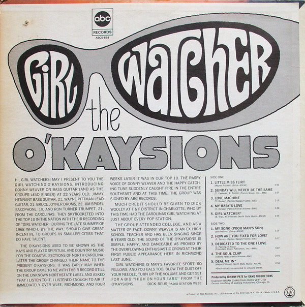 The O'Kaysions : Girl Watcher (LP, Album, Mon)