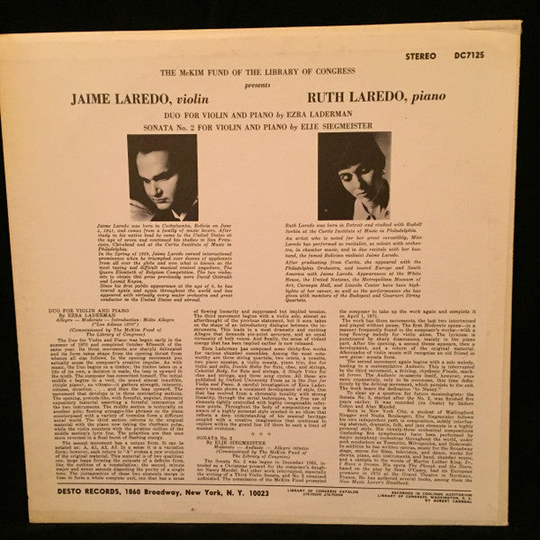 Ezra Laderman / Elie Siegmeister - Jaime Laredo, Ruth Laredo : Duo For Violin And Piano / Sonata No. 2 (LP)