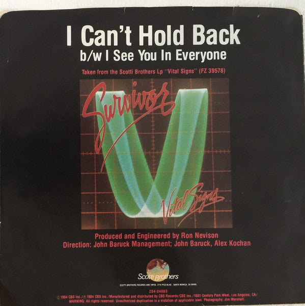 Survivor : I Can't Hold Back (7", Single, Styrene, Pit)