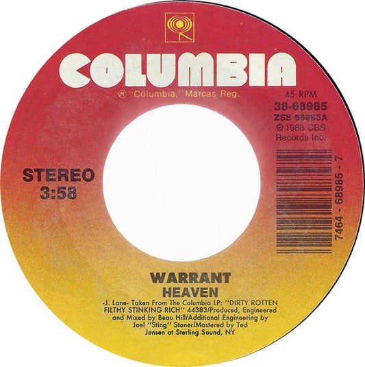 Warrant : Heaven (7", Single, Styrene, Car)