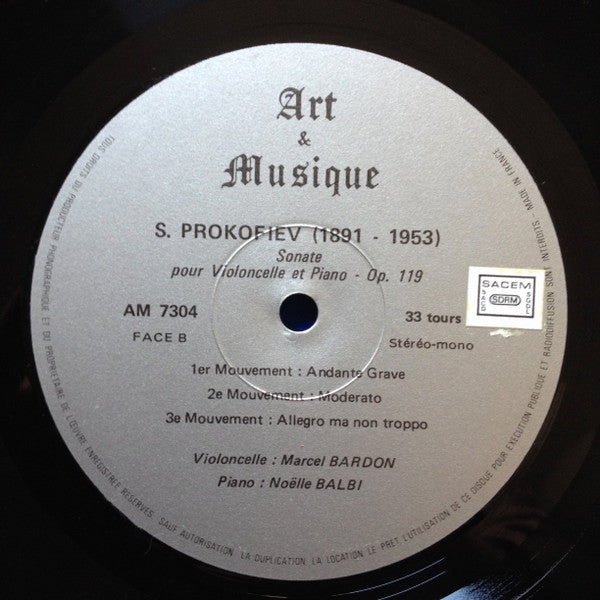 Bohuslav Martinů, Sergei Prokofiev, Marcel Bardon, Noëlle Balbi : 2e Sonate Pour Violoncelle Et Piano - Sonate Op.119 Pour Violoncelle Et Piano (LP, Album, Mono)
