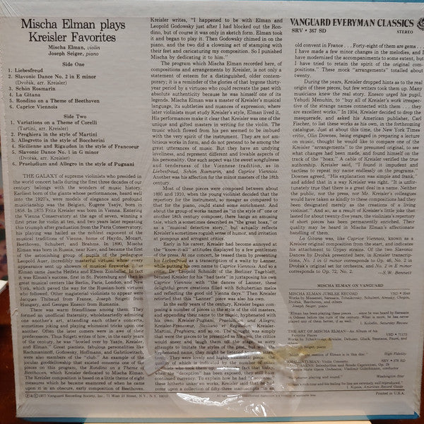 Mischa Elman, Joseph Seiger : Mischa Elman Plays Kreisler Favorites (LP)