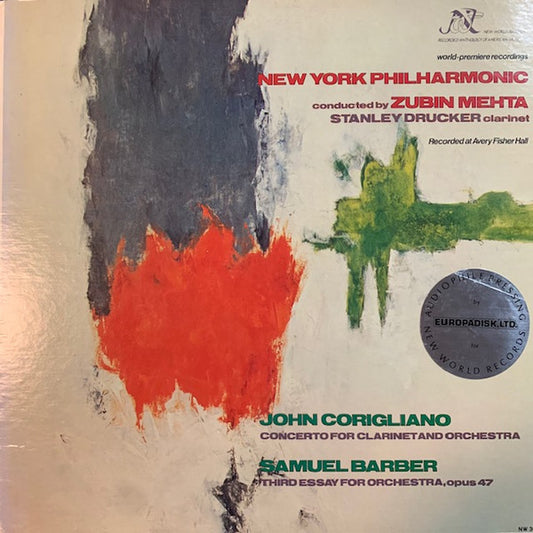 New York Philharmonic*, Zubin Mehta, Stanley Drucker - John Corigliano / Samuel Barber : Concerto For Clarinet And Orchestra / Third Essay For Orchestra, Opus 47 (LP, Gat)