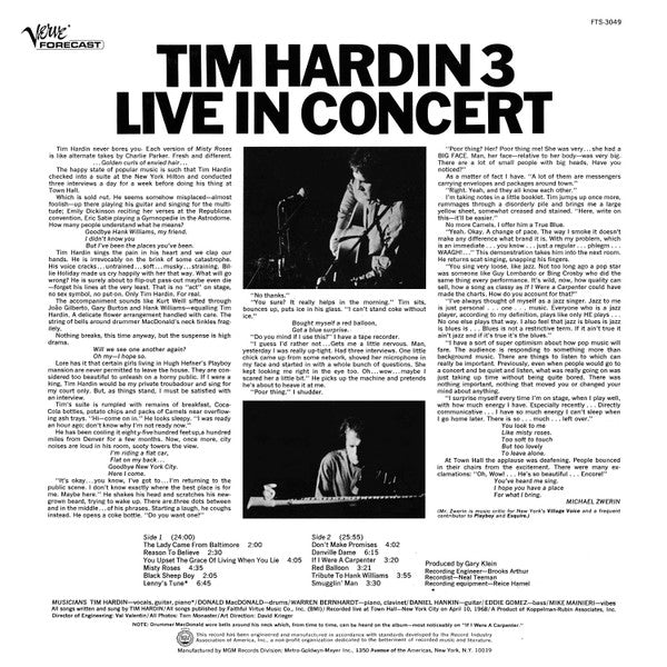 Tim Hardin : Tim Hardin 3 Live In Concert (LP, Album, MGM)
