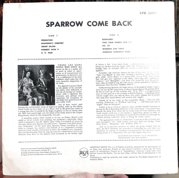 Mighty Sparrow : Sparrow Come Back (LP, Mon)