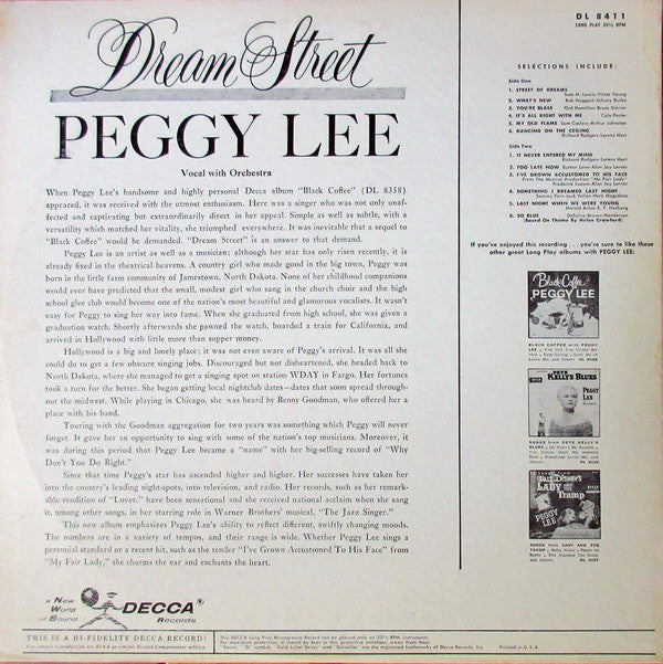 Peggy Lee : Dream Street (LP, Album, Mono)