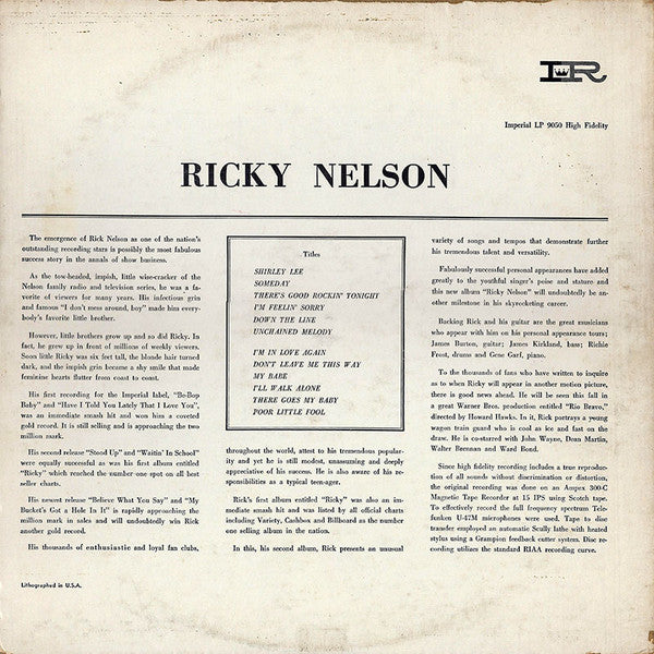 Ricky Nelson (2) : Ricky Nelson (LP, Album, Mono, Ind)