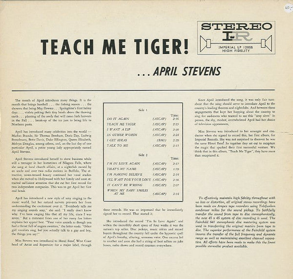 April Stevens : Teach Me Tiger! (LP, Album, RE, RP)