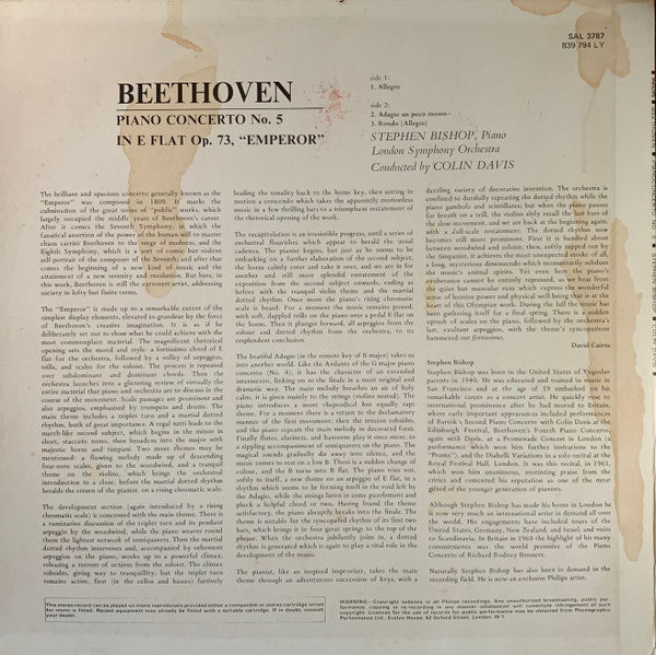 Beethoven*, Stephen Bishop*, London Symphony Orchestra, Colin Davis* : Piano Concerto No. 5 (<<Emperor>>) (LP)