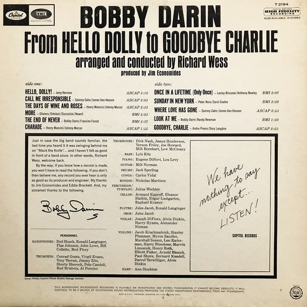 Bobby Darin : From Hello Dolly To Goodbye Charlie (LP, Album, Mono)