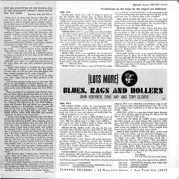 "Spider John Koerner, Tony "Little Sun" Glover, Dave "Snaker" Ray* : Lots More Blues, Rags And Hollers (LP, Album, Mono)