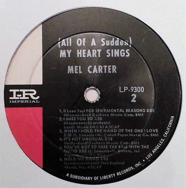 Mel Carter : (All Of A Sudden) My Heart Sings (LP, Mono)