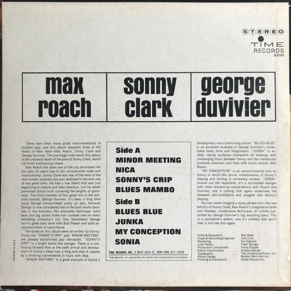 Max Roach, Sonny Clark, George Duvivier : Max Roach, Sonny Clark, George Duvivier (LP, Album)