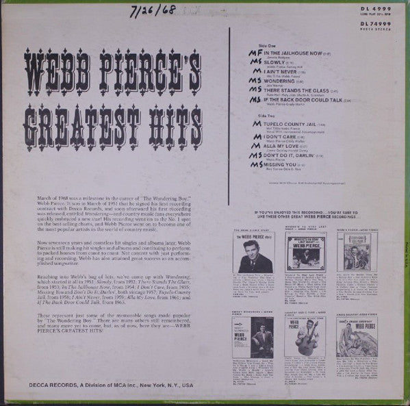 Webb Pierce : Webb Pierce's Greatest Hits (LP, Glo)