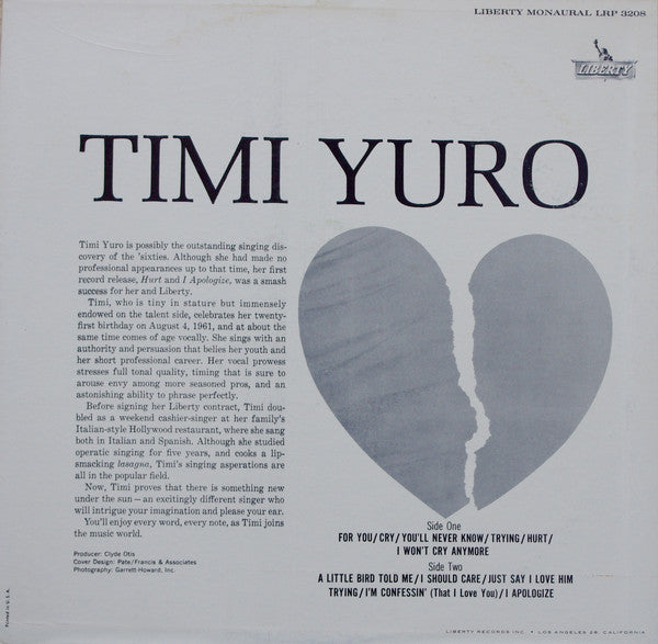 Timi Yuro : Hurt!!!!!!! (LP, Album, Mono, Ind)