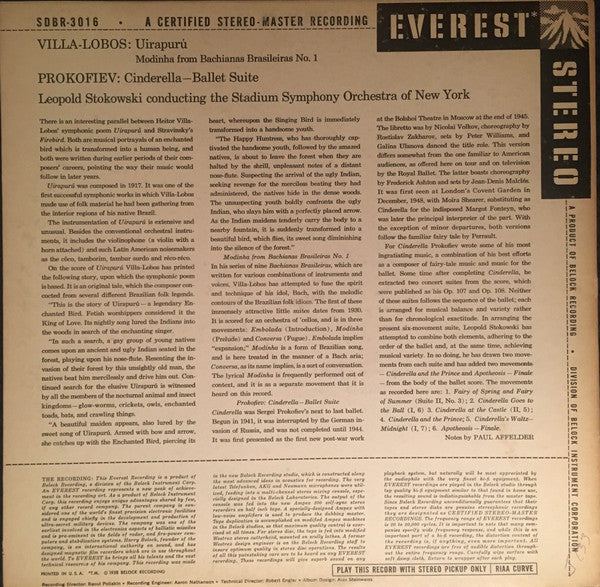 Villa-Lobos* / Prokofiev* - Leopold Stokowski, The Stadium Symphony Orchestra Of New York : Uirapurú + Modinha (From Bachianas Brasileiras No. 1)  / Cinderella (Ballet Suite) (LP, Album, RP)