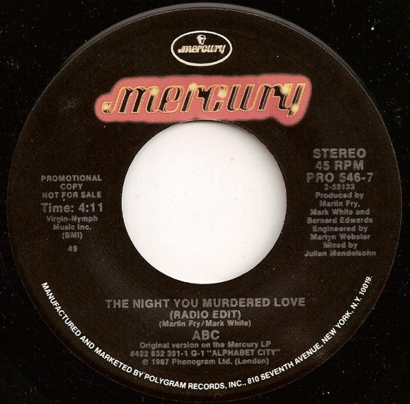 ABC : The Night You Murdered Love (Radio Edit) (7", Single, Promo)