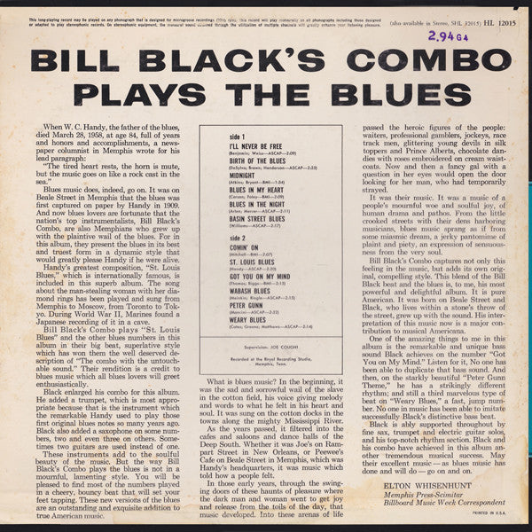 Bill Black's Combo : Bill Black's Combo Plays The Blues (LP, Mono)