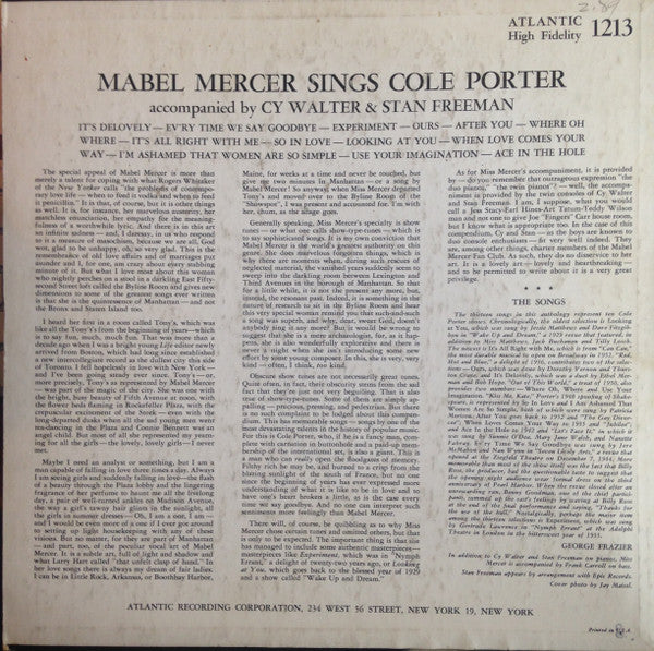 Mabel Mercer : Mabel Mercer Sings Cole Porter (LP, Album, Mono)