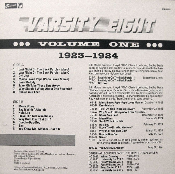 Varsity Eight : The Complete Sessions 1923-1924 (LP, Comp, Mono)