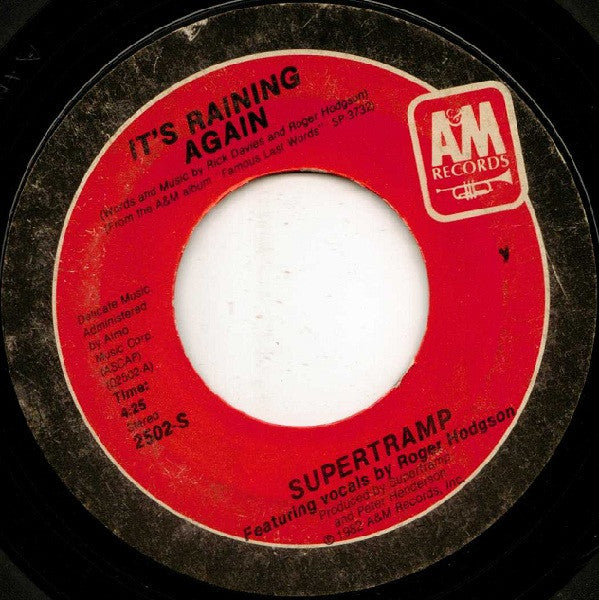 Supertramp : It's Raining Again (7", Single, Styrene, Ter)