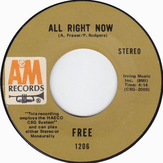 Free : All Right Now / Mouthful Of Grass (7", Single, Styrene, Ter)