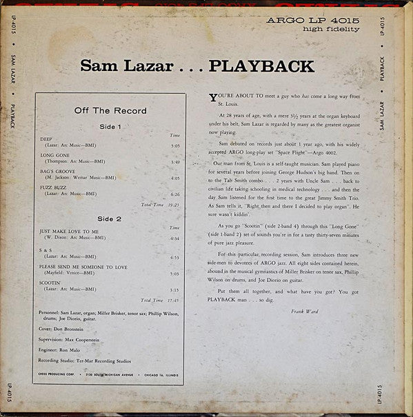 Sam Lazar Trio : Playback (LP)