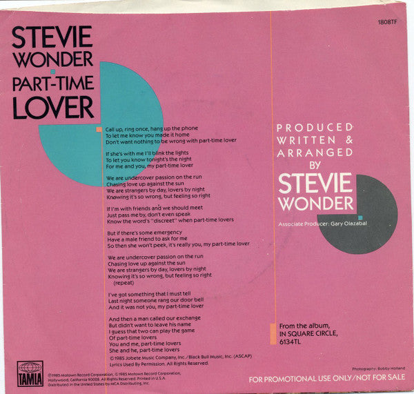 Stevie Wonder : Part-Time Lover (7", Promo)