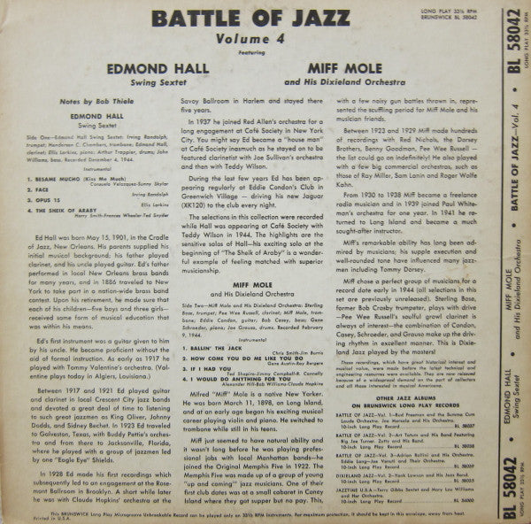 Edmond Hall Swing Sextet, Miff Mole And His Dixieland Orchestra : Battle Of Jazz Volume 4 (10", Album, Comp)