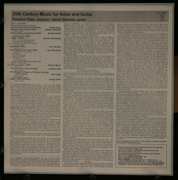John Cage • Elliott Carter • William Schuman • Andrew Imbrie • Harold Blumenfeld • Lou Harrison • Igor Stravinsky • William Bland • Barbara Kolb • Gregg Smith (2) - Rosalind Rees ; David Starobin : 20th Century Music For Voice & Guitar (LP, Album)