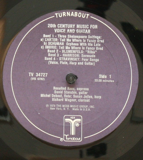 John Cage • Elliott Carter • William Schuman • Andrew Imbrie • Harold Blumenfeld • Lou Harrison • Igor Stravinsky • William Bland • Barbara Kolb • Gregg Smith (2) - Rosalind Rees ; David Starobin : 20th Century Music For Voice & Guitar (LP, Album)
