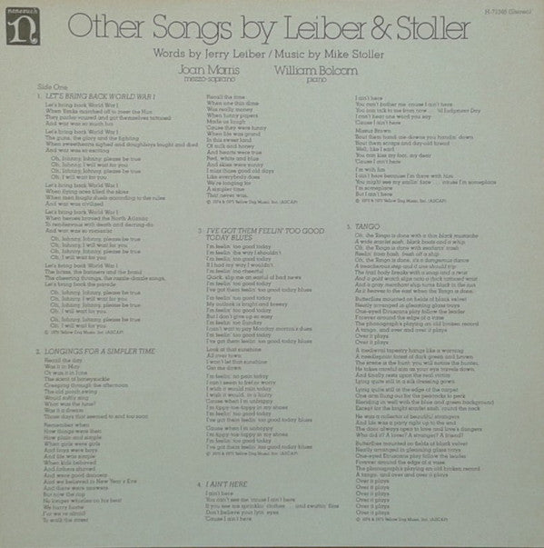 Joan Morris And William Bolcom : Other Songs By Leiber & Stoller (LP, Album)
