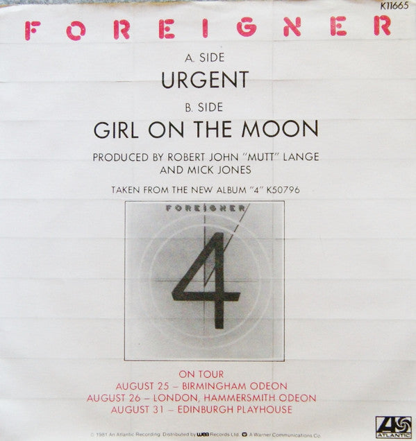 Foreigner : Urgent (7", Single)