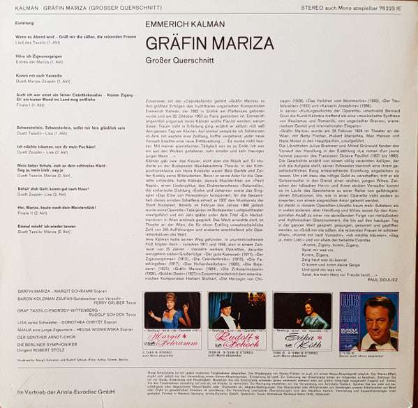 Emmerich Kálmán, Rudolf Schock, Margit Schramm, Dorothea Chryst, Ferry Gruber, Berliner Symphoniker Dirigent: Robert Stolz : Gräfin Mariza (Großer Querschnitt) (LP, Comp)