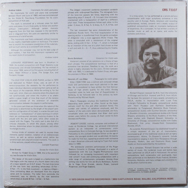 Robert Gross, Andrew Imbrie, Ernst Krenek, Leonard Rosenman, Bruno Bartolozzi, Heinrich Ignaz Franz Biber, Richard Grayson : Impromptu / Sonata / Duo / Variazioni / Passacaglia (LP, Album, Dol)