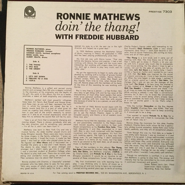 Ronnie Mathews With Freddie Hubbard : Doin' The Thang! (LP, Album, Mono)