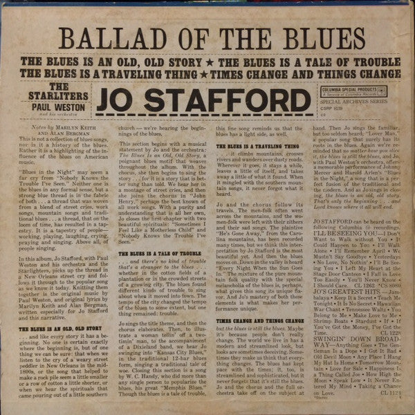 Jo Stafford With Paul Weston And His Orchestra And The Starlighters : Ballad Of The Blues (LP, Album, RE)