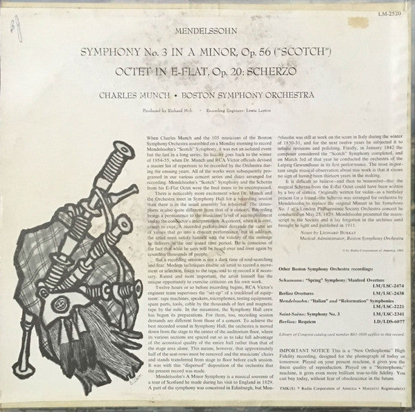 Mendelssohn* ; Charles Munch Conducting Boston Symphony Orchestra : Scotch Symphony (LP, Mono)