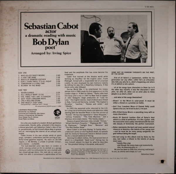 Sebastian Cabot : Sebastian Cabot, Actor; Bob Dylan, Poet: A Dramatic Reading With Music (LP, Album)