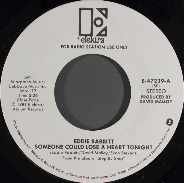 Eddie Rabbitt : Someone Could Lose A Heart Tonight (7", Mono, Promo)