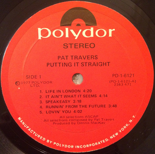 Pat Travers : Putting It Straight (LP, Album, Mon)